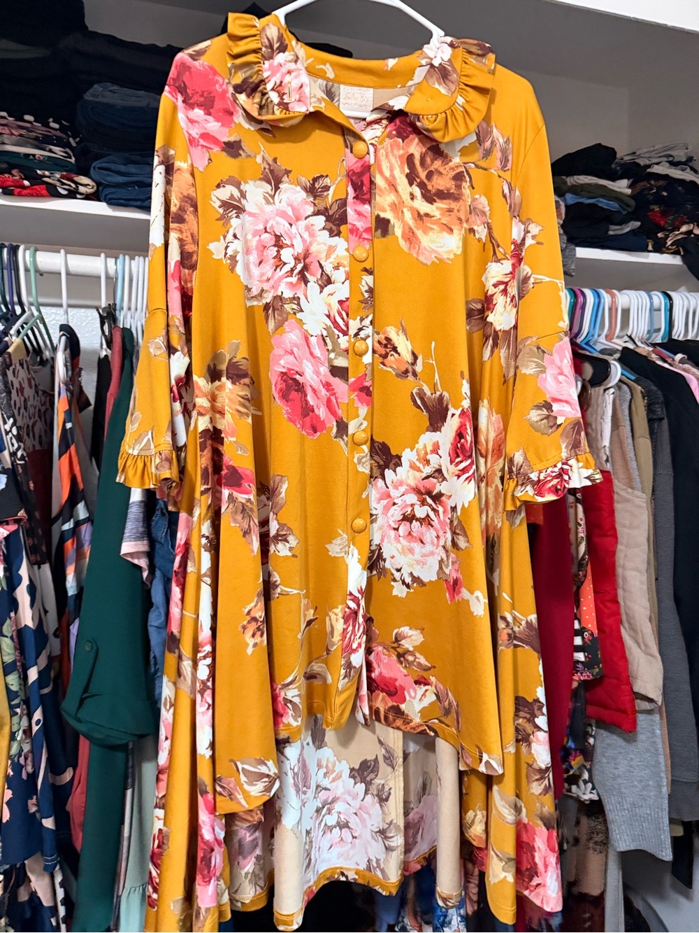 Mustard Floral High-Low Ruffle Dress